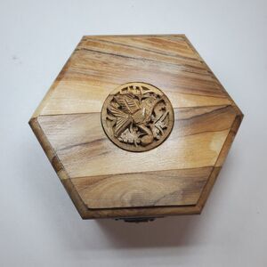 Wooded Jewelery Box With Attached Lid Carved Hummingbird Velvet Lined 4"× 1.5"